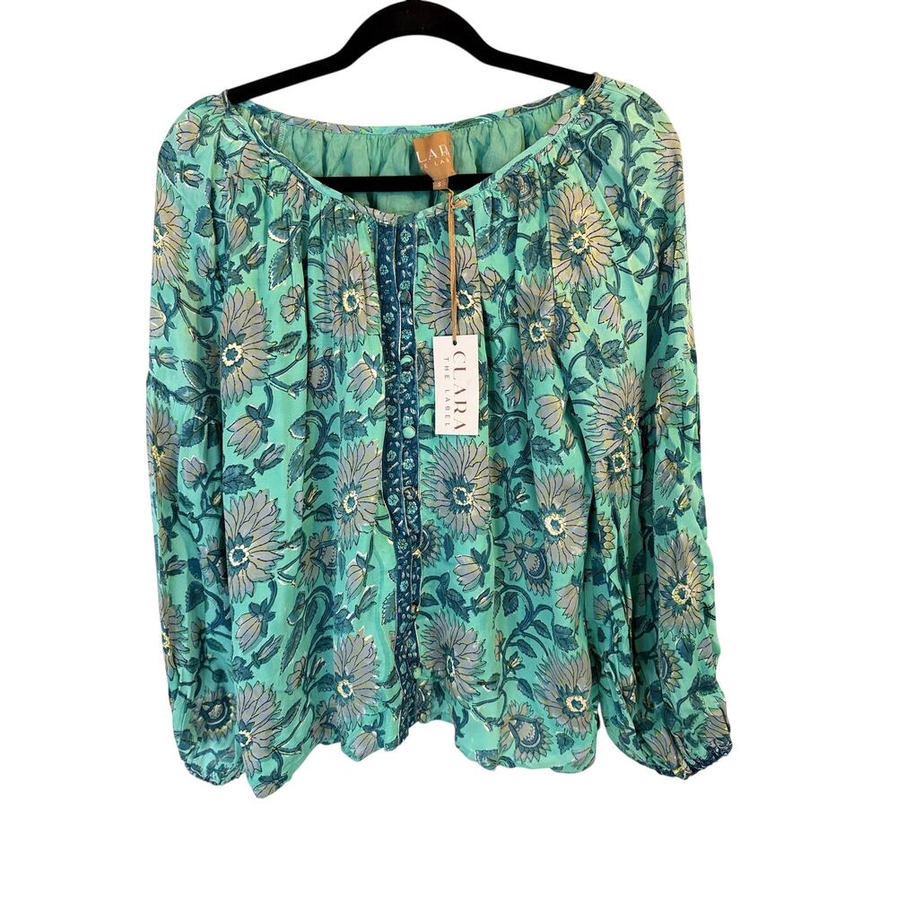 Clara the Label NEW ballon long sleevedblouse floral blue green cotton size S